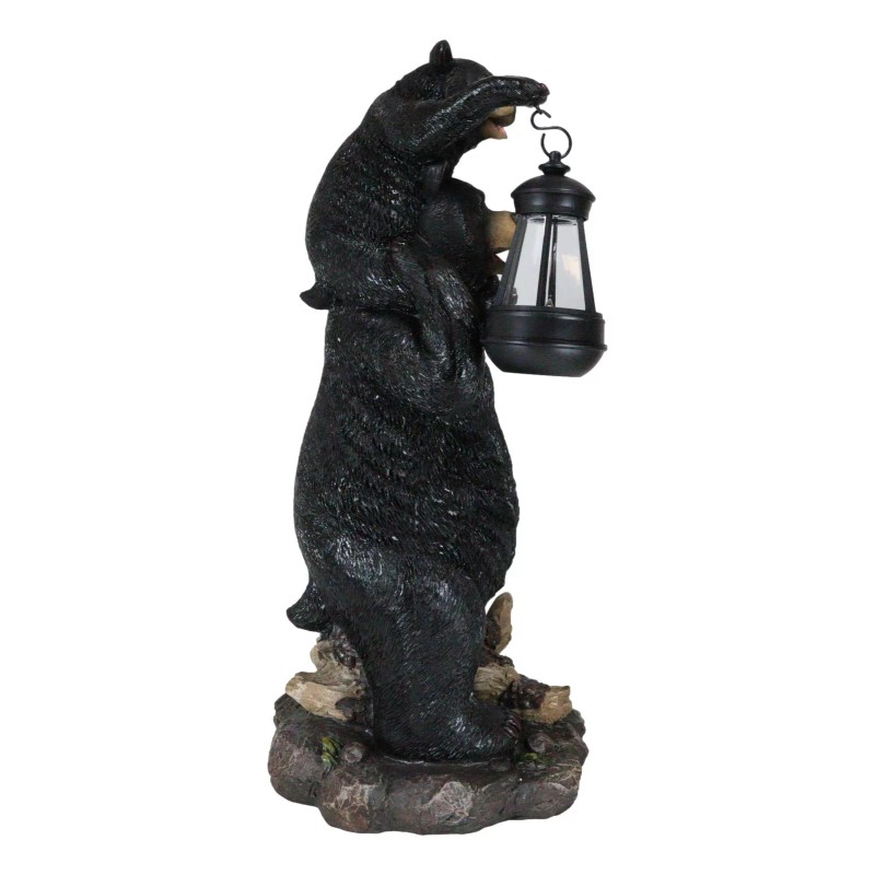 Rustic Black Bear Carrying Cub On Shoulder Statue Solar LED
