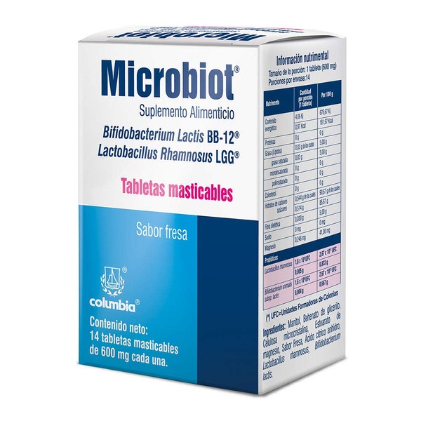 Microbiot Tabletas Masticables, 3.2 billones de probióticos Lactobacillus rhamnosus LGG y Bifidobacterium lactis BB-12, 14 tabletas sabor fresa