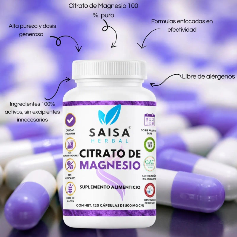 Citrato Magnesio 120 Cápsulas 500 Suplemento Alimenticio Alta Biodisponibilidad Saisa