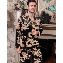 SWOMOG Men Pajamas Matching Pajamas Set Satin Pj Set Long Sleeve Button Down Sleepwear 2 Pcs Loungewear Black Dragon XX-Large