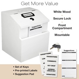 Excello Global Products White Suggestion Box with Lock: Wooden Ballot Comment Box, Wall Mounted or Freestanding. Includes Printed Labels & Suggestion Pads Cards