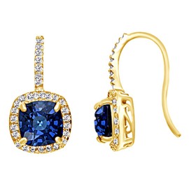Cushion Cut Simulated Blue & White Sapphire Drop Earrings In 14K Yellow Gold Over Sterling Silver