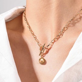 TseenYi Gold Toggle Choker Necklace OT Clasp Necklace Ball Pendant Necklace Chunky Chain Toggle Necklace Paper Clip Chain Toggle Clasp Necklace Vintage Thick OT Necklace