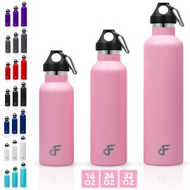 Day 1 Fitness Botella de agua de acero inoxidable boca estándar con mosquetón (18 oz, 23 oz, o 27 oz) – 3 tamaños y 8 opciones de color – Aislado al aspiradora, doble pared, a prueba de sudor, termo, Rosado, 27 oz.