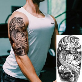 Dragon Temporary Tattoos for Men Half Arm Sleeve, Realistic Large Flower Sword Dragon Fake Tattoo Sticker Adult Boy Forearm, Waterproof Black 3D Temp Tatoo Shoulder Body Art, 10-Sheet