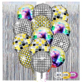 Dreamtop 18 Pcs Disco Ball Balloons Set with Helium-Filled 22" 4D Disco Balloons, 3.28ft x 6.56ft Silver Tinsel Foil Curtains Ribbons for Birthdays, Abba Themed, Disco Party, Bachelor Parties