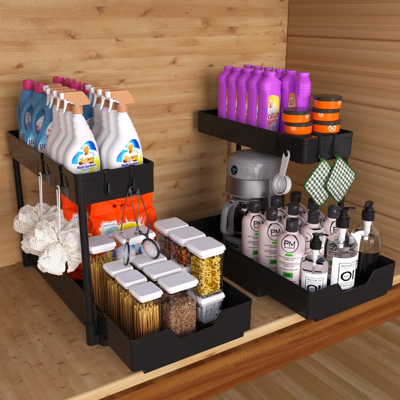 2 Pack Under Sink Organizer 2 Tier Sliding Cabinet Organizers