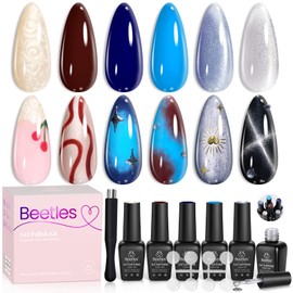 Beetles Blue Brown Gel Nail Polish, 6 Color Cat Eye Pearl Gel Polish Set, Charm Metamorph Theme with Color Swtach Dots Magnet Vintage Winter Nail Gel Polish for Salon Gel Manicure Nail Art DIY