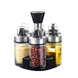ZYluoke 6 Piece Oil and Vinegar Salt & Pepper Cruet Bottle Sets - 360 Degree Rotate Durable Glass Stainless Steel Lead-Free Olive Oil Dispenser Carafe Decanter for Kitchen
