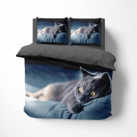 3D Bed Linen Black Cat Duvet Cover Set, 135 x 200 cm + Pillowcase 80 x 80 cm, Cats, Reversible Bed Linen, 2 Pieces, Black, Blue with Zip Closure