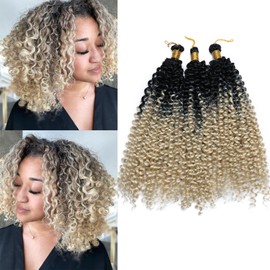 S-noilite Curly Braiding Hair, Marlybob Crochet Braids Hair Extension 35 cm Water Wave Afro Kinky Jerry Curl Pre-Stretched Ombre Braiding Hair for Black Women, 1 Pack 100g, Black to Blonde