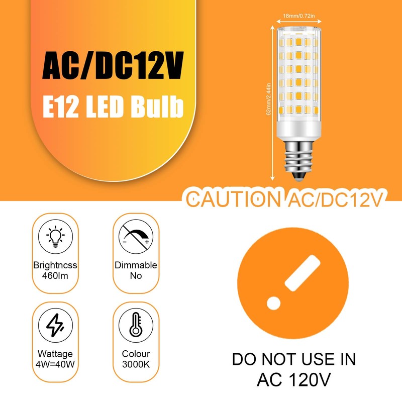 12V 40W E12 LED Candelabra Light Bulbs 4W Warm White