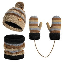 Kids Winter Pompom Beanie Hat Scarf Gloves Set for Boys&Girls Age 3-8, Fleece Lined Skull Cap Neck Warmer Mitten Set Khaki