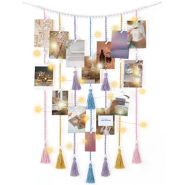 Mkono Macrame Hanging Photo Display Wall Decor with String Lights Boho Room Bedroom Wooden Beads Garland Picture Greeting Cards Holder with 30 Clips