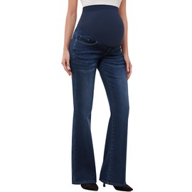 GLAMIX Women's Stretch Maternity Bootcut Jeans with Pockets Over The Belly Bell Bottoms Flare Denim Pants Pregnancy Clothes(Vintage Blue, L)