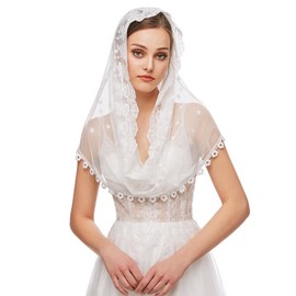 runrayay Church Mantilla Catholic Veil, White Inspired Infinity Shape Holy Virgin Embroidery Scarf Traditional Mass Veil Chapel Prayer Lace Scarf