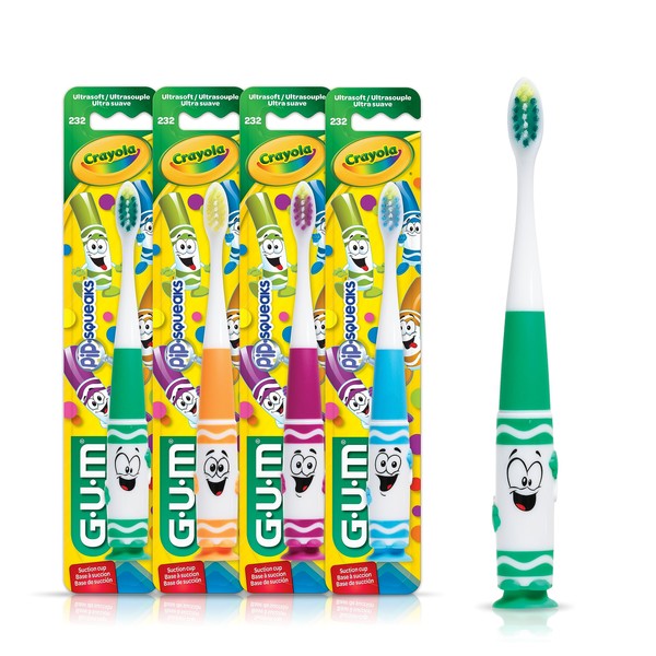 GUM Crayola - cepillo para polvo de dientes Pip-Squeaks para niños pequeños, cerdas ultra suaves y estrechas, cabeza cónica para una eliminación suave de la placa dental, a partir de 3 años, 1 unidad (paquete de 4)