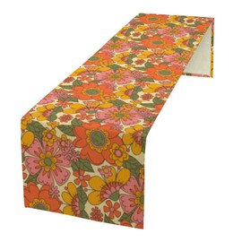 Retro 70s Floral Table Runner Hippie Daisy Flower Peace Love Birthday Party Retro Kitchen Dinning Home Decoration 13x36 Inch