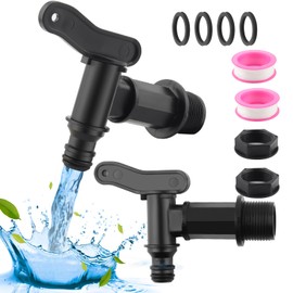 Rain Bucket Outlet Tap, YIJIUBA 2 Pieces Water Butt Tap Plastic Tap Outlet Tap for Rain Butt with Sealing Nut and Sealing Tape for Rain Bucket, Tank, Gardening (Black)