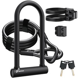 Sportneer Bike Lock: Heavy Duty Bike U Lock with 6ft Security Steel Cable - 18mm Shackle Bicycle U-Locks with Keys and Sturdy Mounting Bracket for Road Mountain Bike Bicycle, Size 11.5''x6.25''