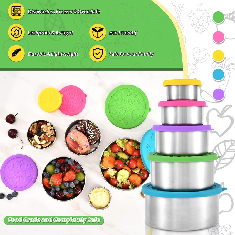 UPTRUST 304 Stainless Steel Containers with Lids, 5-Pack Stackable Snack