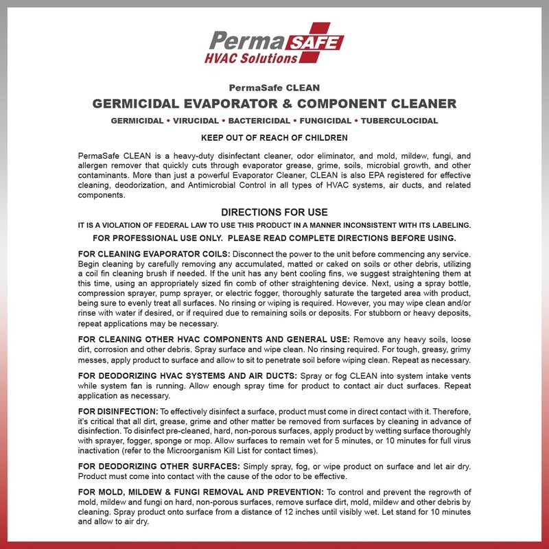 PermaSafe HVAC Solutions, Germicidal Evaporator Coil & Component Cleaner, Quickly