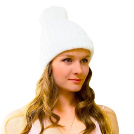 Entire Empire White Bobble Hat Ladies Small - Fleece Lined Hat with Pompom Winter Warm - Womens Beanie with Lining (White)