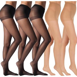 coliusa 5 Pack Women's Sheer Tights 20 Denier Control Top Pantyhose with Reinforced Toes (Large / 3 Pairs Black + 2 Pairs Nude)