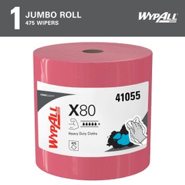 WypAll Power Clean X80 Heavy Duty Cloths (41055), Extended Use Jumbo Roll, Red, 475 Sheets / Roll, 1 Roll / Case