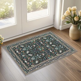 UERMEI 2x3 Area Rug Living Room Rugs - Washable Boho Vintage Floral Large Soft Non Slip Thin Rug Low Pile Carpet for Bedroom Dining Room Kids Playroom Office Decor Indoor- Black Blue