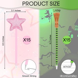 PLUVAVA 30 Pack Princess and Witch Party Favors Including 15 PCS Witch Broom Pens 15 PCS Star Ballpoints Wand Broom Shape Pens for Party Supplies Gifts