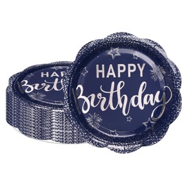 LeZakaa 25Pcs Birthday Paper Plates - Happy Birthday Lettering in Blue Silver Foil Design Disposable Party Plates Decorative Tableware Supplies Table Decor - 7 Inch