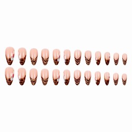 MERVF Almond Press on Nails Medium Fall Fake Nails Brown French Tip Glue ons Tiger Snake Print Stiletto Acrylic Nail with Flower Design 24pcs Glossy