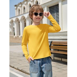 Haloumoning Boys Ribbed Long Sleeve Shirts Kids Casual Crewneck Solid Tops Tees 5-14 Years Yellow