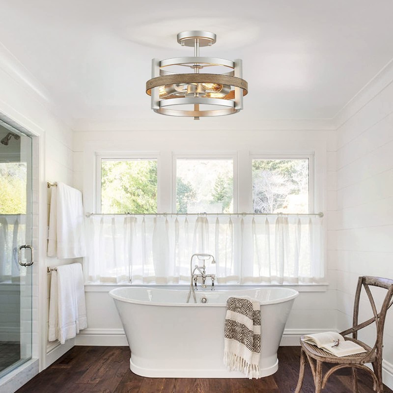 WUZUPS 3-Light Metal Drum Chandelier Imitation Wood Grain Shade Round