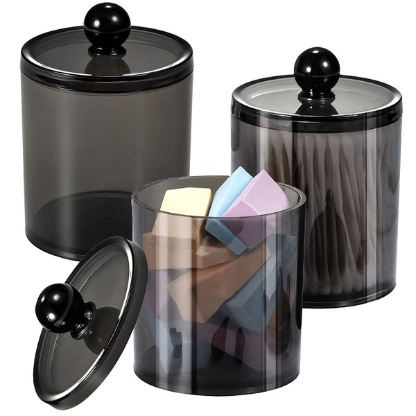 3 Pack Cotton Buds Dispenser with Lid, Clear Black Qtip