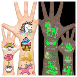Leesgel Temporary Tattoos for Kids - Unicorn Fake Tattoos for Birthday Decorations, Party Favors, Prizes for Classroom, Stocking Stuffers and Gifts (32 Styles: Luminous & Metallic Glitter)