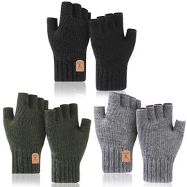 3 Pair Fingerless Gloves Plus Size Winter Fingerless Knitted Gloves Unisex Warm Knit Half Fingers Mittens for Driving Typing Cycling (Dark Green, Grey, Black)