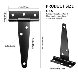 8 PCS T-Strap Hinges, Heavy Duty Gate Hinges, Metal Tee Hinges with Screws for Windows, Fence, Sheds, Barn Gates Supplies (Black,4 Inch)