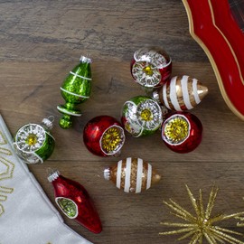 Northlight 9ct Silver and Red Retro Reflector Glittered 2-Finish Glass Christmas Ornaments 3.5"