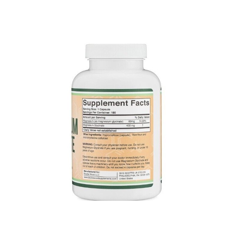 Double Wood Magnesium Glycinate, 400 mg per capsule, 180 veggie