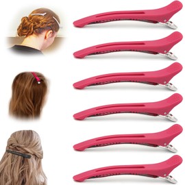 Pinzas Pelo Peluqueria,6 Clips de Pico de Pato de Acero Inoxidable Antideslizantes Profesionales,para Peinar y Seccionar,Estilismo & Coloración del Cabello,para El Cabello Estéticas para Salón y Hogar(Rojo Rosa）