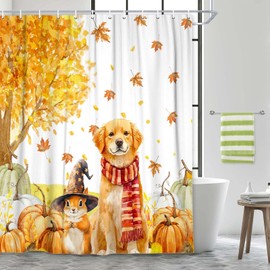 Fall Shower Curtain, Autumn Thanksgiving Pumpkin Cute Dog Squirrel Harvest Shower Curtain Set for Bathroom, Autumn Halloween Maple Leaves Waterproof Polyester Fabric Accessories with Hooks, 70X70Inch