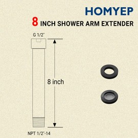 HOMYEP Shower Arm Extender 8 Inch Straight Extension Pipe Arm for Rainfall and Handheld Shower Head, Female to Male NPT 1/2 Inch, Brushed Gold