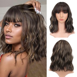 VCKOVCKO Short Bob Wigs Honey Brown mix Blonde Wavy Wig With Air Bangs Women's Shoulder Length Wigs Curly Wavy Synthetic Cosplay Wig Pastel Bob Wig for Girl Colorful Wigs(12",Honey Brown mix Blonde)