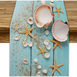 JanJCurt Starfish Seashell Table Runner, Summer Beach Nautical Coastal Rustic Farmhouse Wooden Plank Blue Ocean Table Runner for Dinning Holiday Party Indoor Outdoor Decor 13x36 Inch