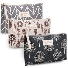 Pack of 3 Canvas Cosmetic Bags, Multifunctional Small Makeup Bag, Travel Toiletry Bag, Women's Makeup Bag with Zip, Organiser Bag (Natural Style, 3)
