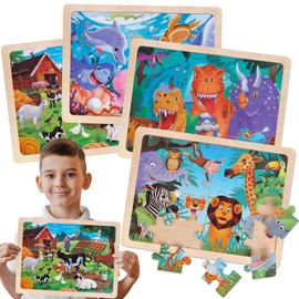 Jigsaw Puzzles Wooden Puzzles for Kids Ages 3-5 Preschool Educational Brain Teaser Boards Toddlers Toys Dinosaur Farm Zoo Sea World Gifts for 3 4 5 6 Year Old Boys Girls 4 Packs 24 Pcs