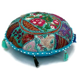 DK Homewares Ethnic Cotton Seat Cushion, Round Floor Cushion Cover, Removable, 45 x 45 cm, Bohemian Turquoise Blue Patchwork, Embroidered, Home Decor, Round, Vintage Floor Cushion for Children, 18 x