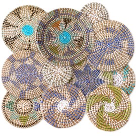 Tatuo 11 Pcs Boho Wall Basket Decor Decorative Bulrush Woven Basket Wall Decor Art Round Farmhouse Hanging Baskets for Kitchen Rustic Home Summer Decorations, Multi Sizes(Multicolour)